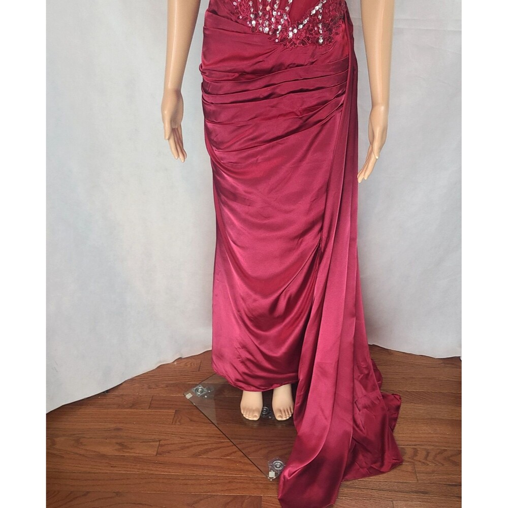 New Prom (18W) Burgundy Lace/Satin Sequin Off Shoulder Rouched High Slit Dress - Picture 4 of 14